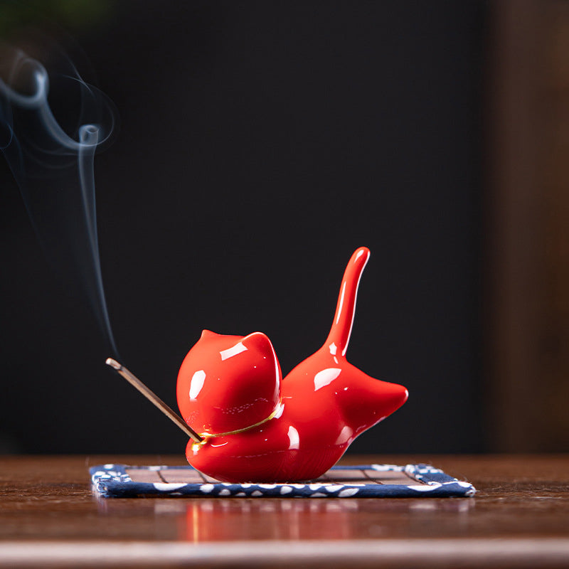 Decorazione per bruciatore di incenso in ceramica con gatto e panda, per benedizione - Porta incenso a forma di gatto rosso - image 10