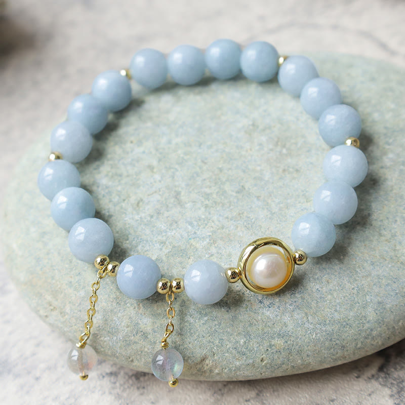 Braccialetto con ciondolo in perle di pietra di luna, acquamarina e perle curative Buddha Stones