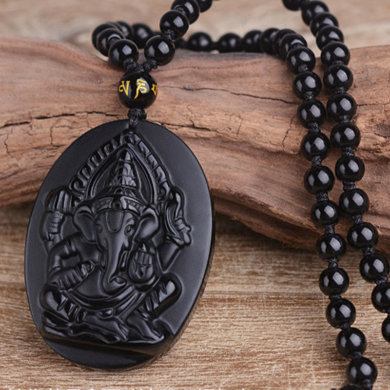 Buddha Stones Collana con amuleto della ricchezza dell'elefante Ganesh Ganpati in ossidiana tibetana - image 2