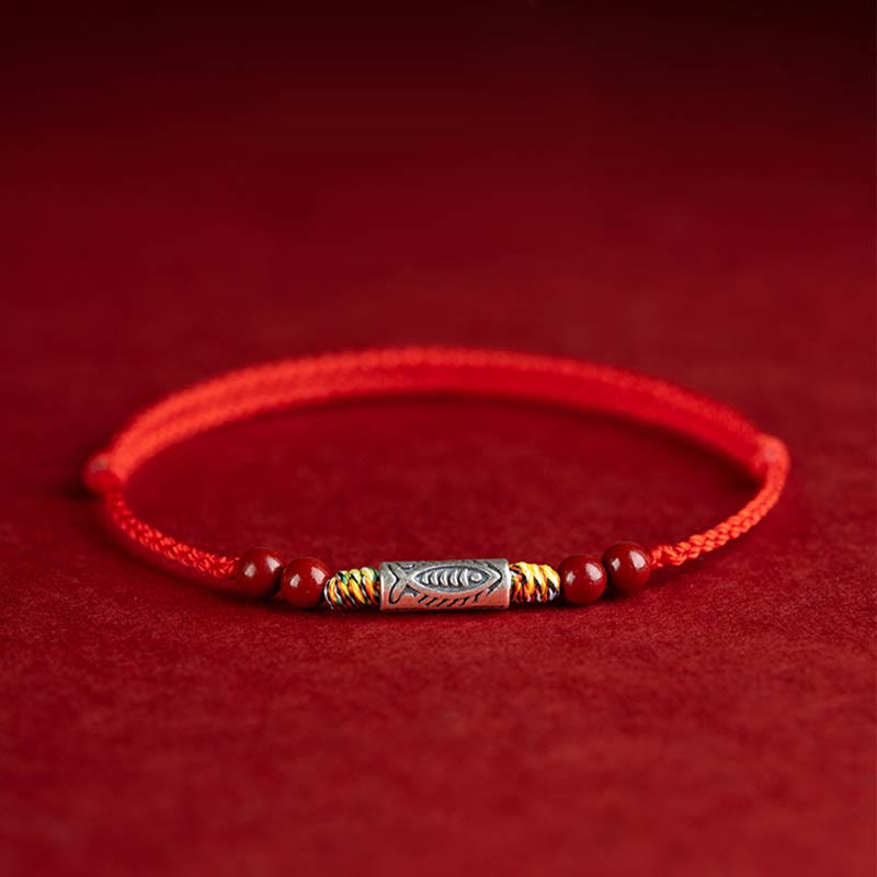 Buddha Stones 925 Sterling Silver Koi Fish Cinnabar Bead Wealth Braccialetto intrecciato artigianale Cavigliera - image 1