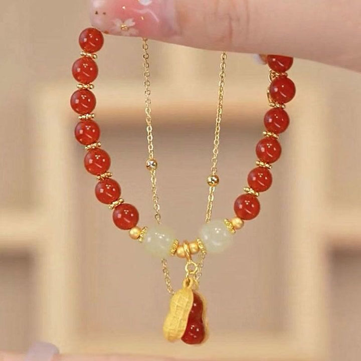 Braccialetto di perline con carattere Fu , Buddha Stones di giada, foglia di ginkgo, tulipano, arachidi e fortuna - image 20