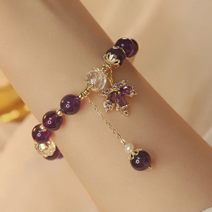 Bracciale con ciondolo a forma di foglia d'acero con ametista naturale placcato oro 14k Buddha Stones
