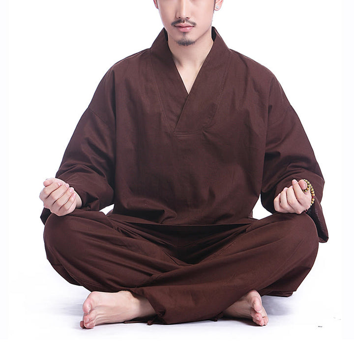 Set da uomo di abbigliamento yoga Buddha Stones a V, in cotone e lino, per meditazione e preghiera, spirituale e zen - Marrone - US/UK/AU44，EU54 (3XL) - image 0