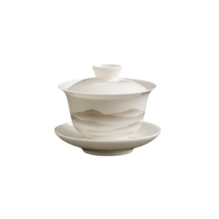 Buddha Stones Vintage Ink Painting Mountain White Porcelain Ceramic Gaiwan Sancai Tazza da tè Kung Fu Tazza da tè e piattino con coperchio Utensile da tè Teiera - image 11