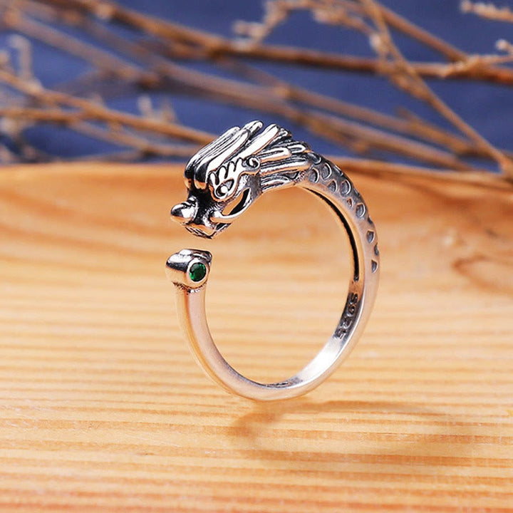 Anello regolabile Buddha Stones Vintage Dragon Design Success Strength