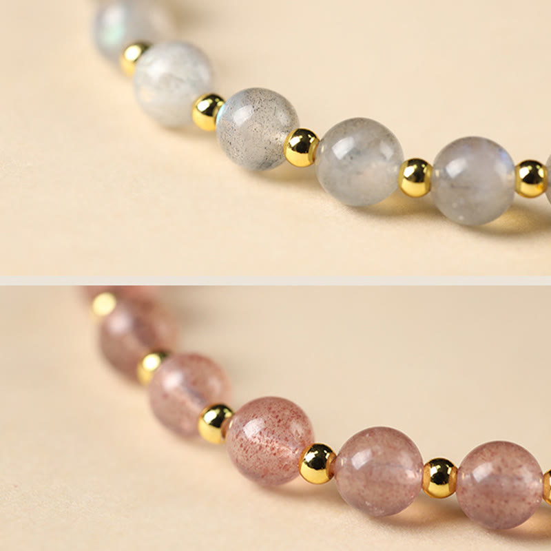 Bracciale con ciondolo positivo Fu Character Buddha Stones placcato oro 14K, quarzo fragola naturale Labradorite Sun Stone