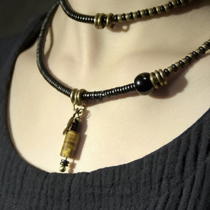 Buddha Stones Legno di ebano Perline Dzi Rame Pace Coppia Bracciale Collana Pendente