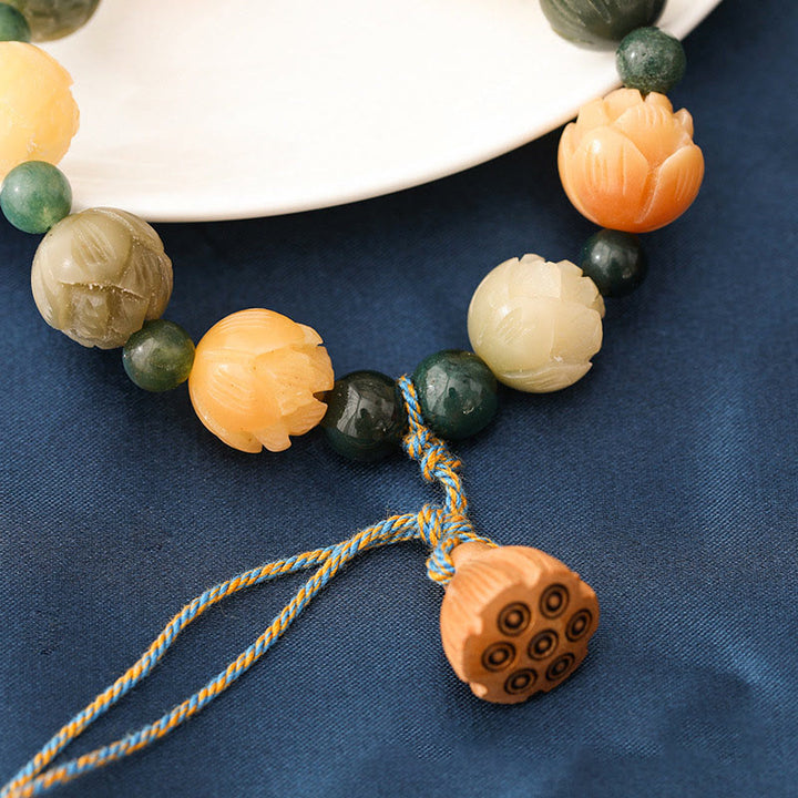 Braccialetto Buddha Stones Bodhi Seed Lotus Bead inciso Muschio Agata Pace Calma