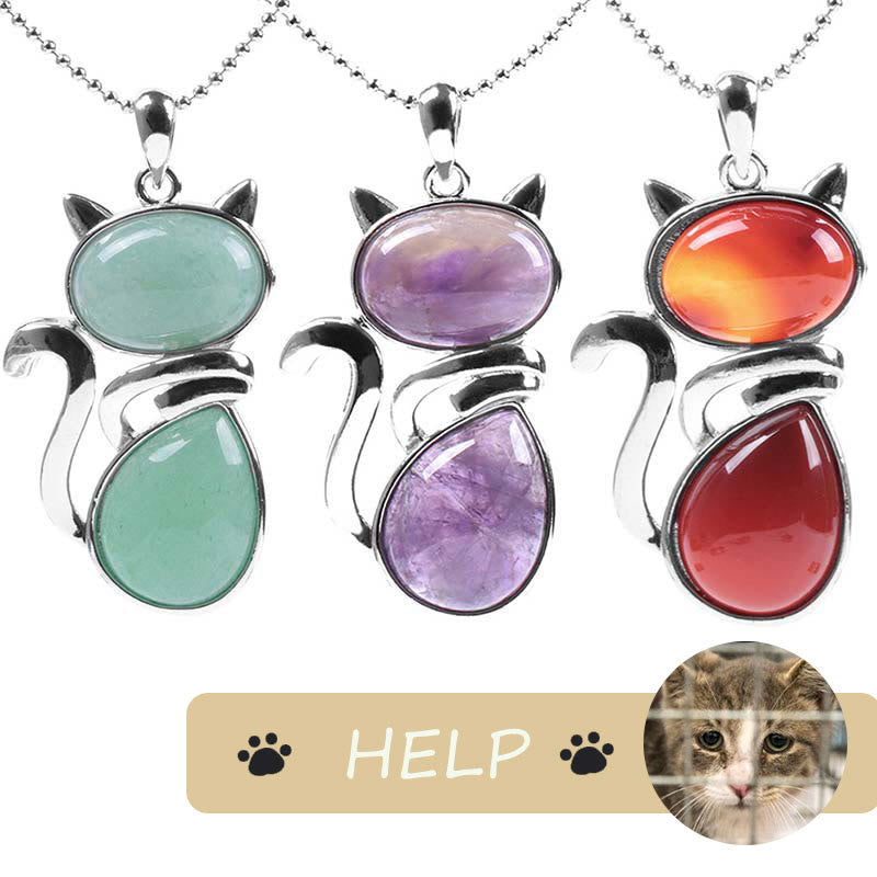 "Save A Cat" Collana con ciondolo amante dei gatti con motivo a gatto carino e protezione in cristallo naturale - image 2