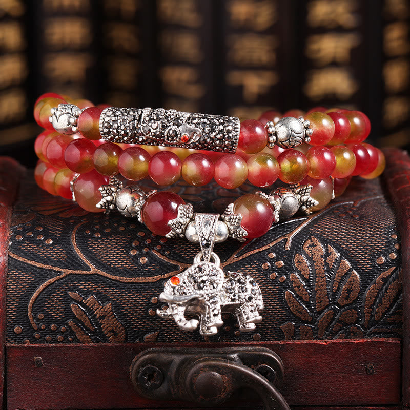 Braccialetto Buddha Stones Natural Watermelon Tormalina PiXiu Elephant Positive Triple Wrap