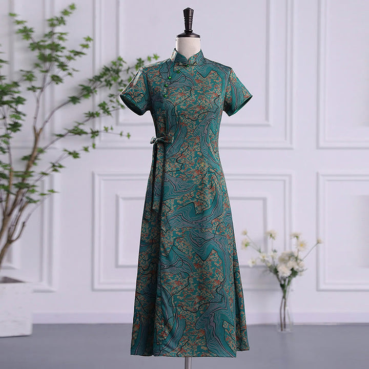 Abito da donna in cheongsam con stampa di foglie e nuvole di buon Buddha Stones vintage, abito da donna in qipao - Modello verde - US16, UK/AU20, EU48 (5XL) - image 13