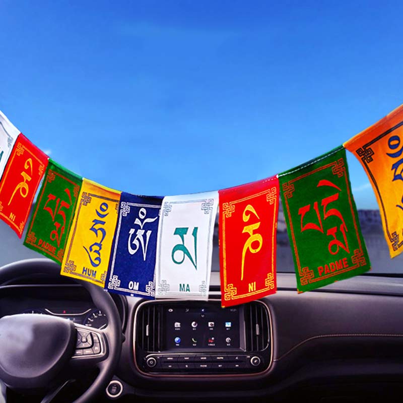 Bandiera decorativa per auto con la benedizione tibetana del cavallo a vento Om Mani Padme Hum, ideale per esterni, con preghiera e decorazione per auto. - image 20