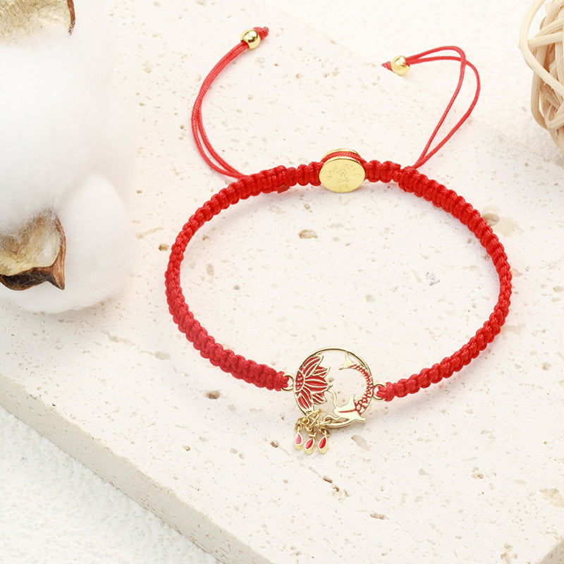 Braccialetto portafortuna rosso con corda, fatto a mano in Buddha Stones, tibetano, con pesce di loto e carpa koi