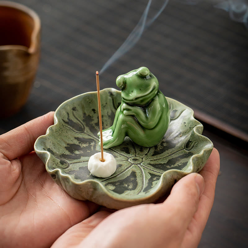Buddha Stones Foglia Meditazione Rana Modello Guarigione Ceramica Bruciatore Incenso Decorazione