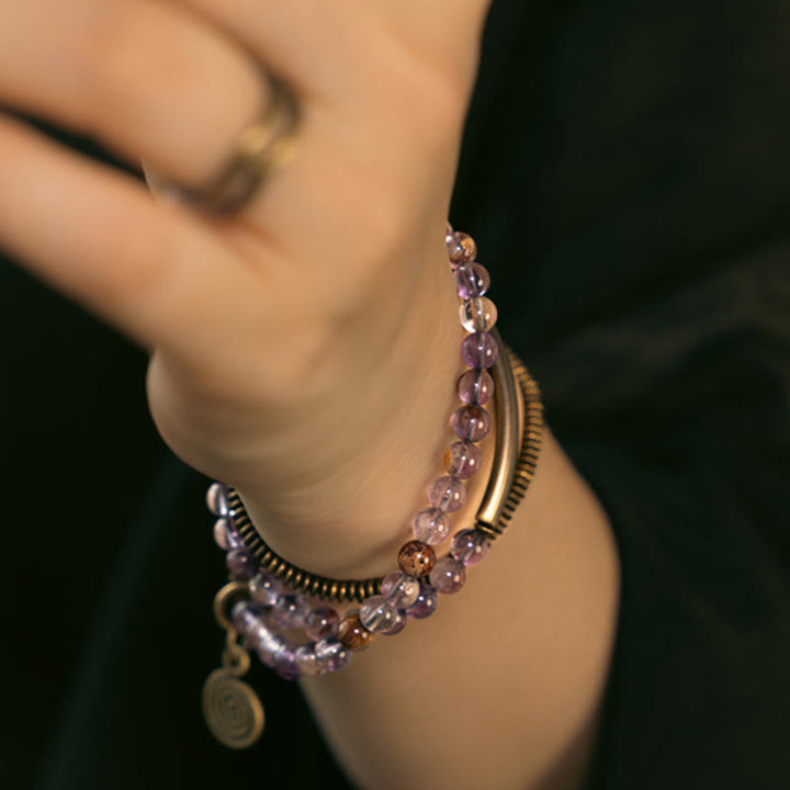 Bracciale Buddha Stones Viola Phantom Rosso Quarzo Ematoide Quarzo Rutilato Verde Rame Amore Perdona