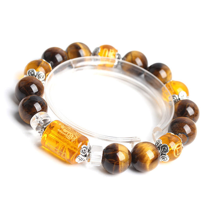 Braccialetto della fortuna e della prosperità con perline di occhio di tigre e Buddha Stones