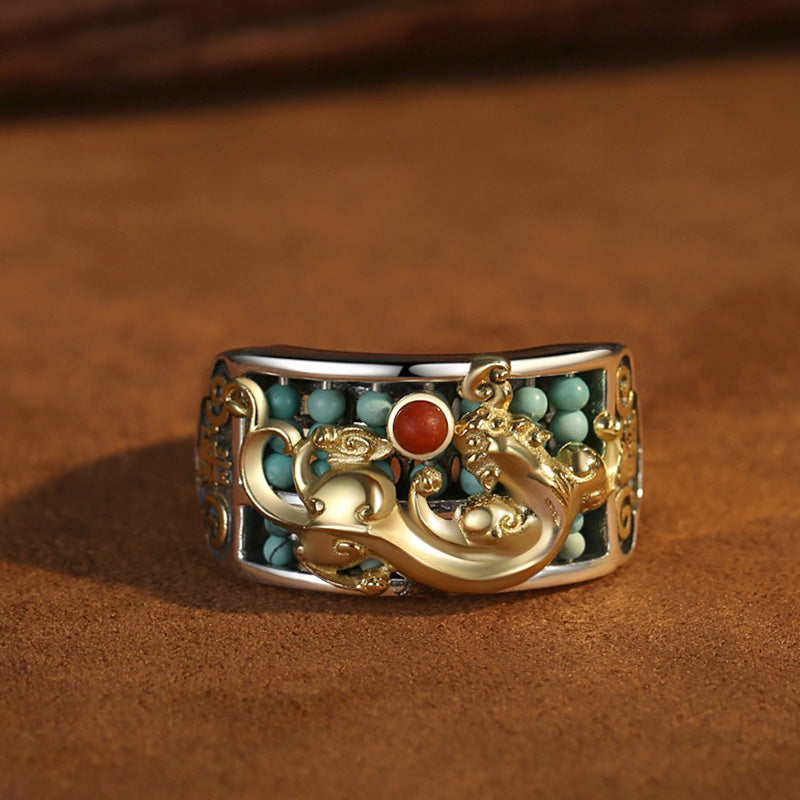 Anello di protezione PiXiu Abacus in argento sterling 925 Buddha Stones e agata rossa turchese - image 7