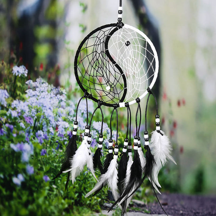 Acchiappasogni Yin Yang Rete circolare con piume Decorazione di equilibrio - image 17