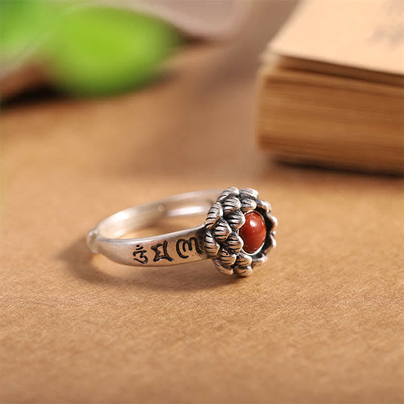 Buddha Stones925 Sterling Silver Lotus Red Agate Anello di Benedizione della Fiducia - image 8