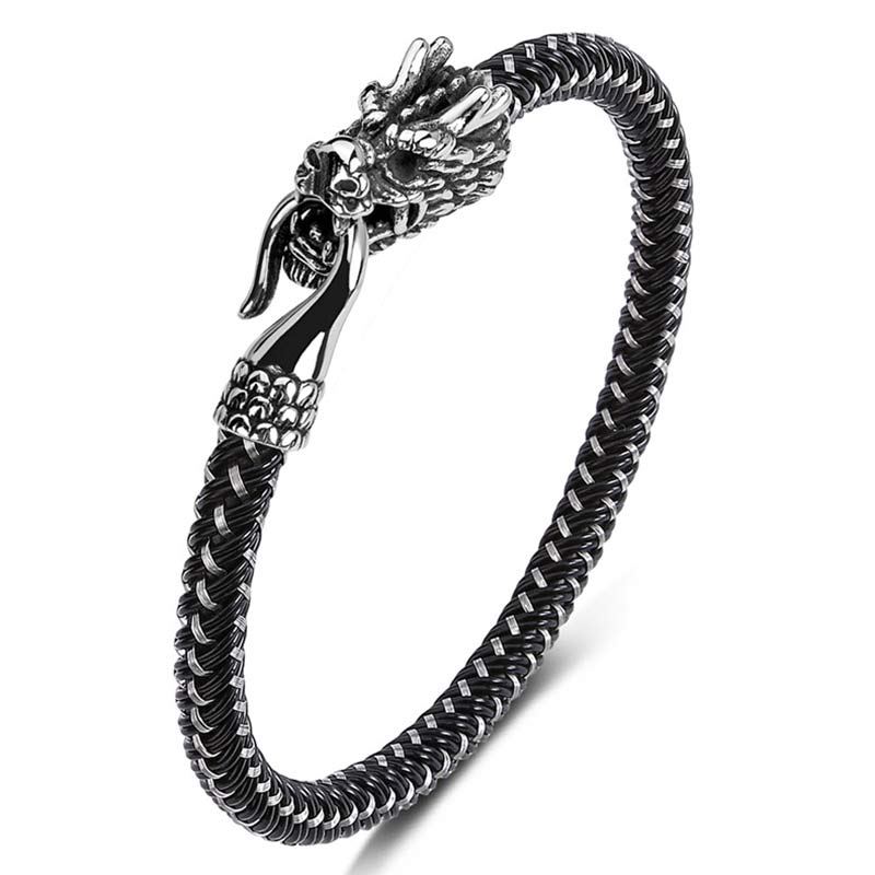 Braccialetto di protezione in acciaio al titanio e drago con Buddha Stones - Bianco e nero - 165mm - image 0