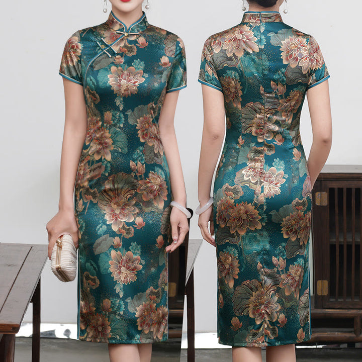 Abito da donna in cheongsam con stampa di piume di peonia e fiori di loto retrò Buddha Stones - Loto Verde - US16, UK/AU20, EU48 (5XL) - image 15