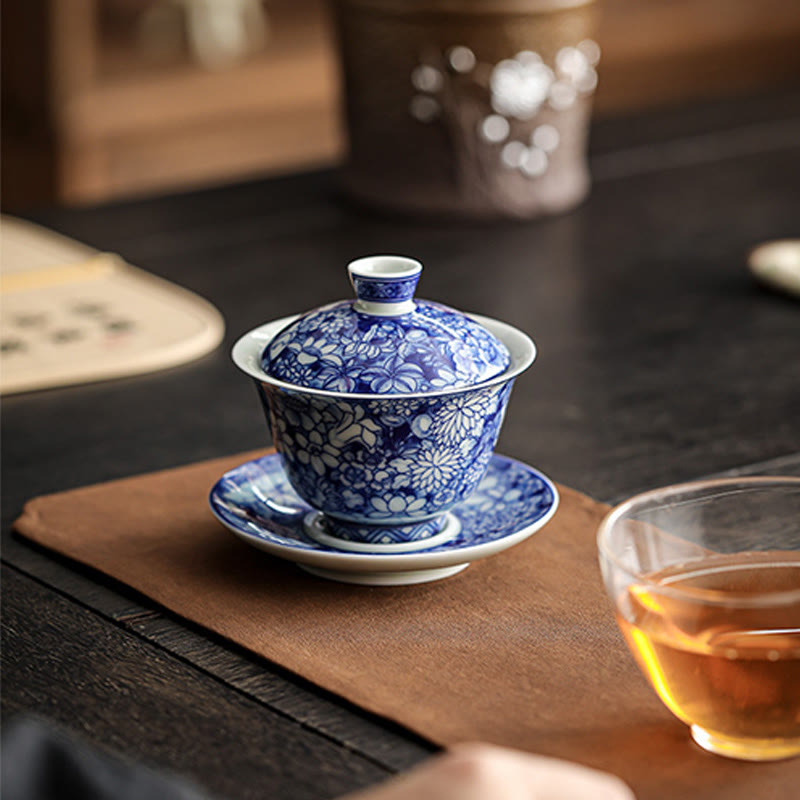 Buddha Stones Vintage Blu e Bianco Porcellana Ceramica Gaiwan Sancai Tazza da Tè Kung Fu Tazza da Tè e Piattino con Coperchio