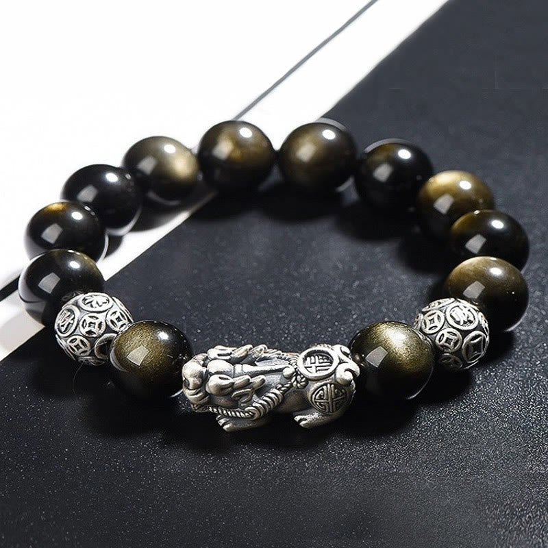 Braccialetto di protezione della ricchezza PiXiu in ossidiana naturale lucidata in argento sterling 925 Buddha Stones - 14 millimetri - image 5