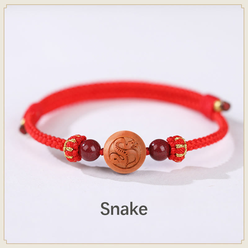 Braccialetto della ricchezza in cinabro intagliato con carattere dello zodiaco cinese Fu in legno di pesca naturale Buddha Stones - Serpente rosso (circonferenza del polso 14-18 cm) - image 5