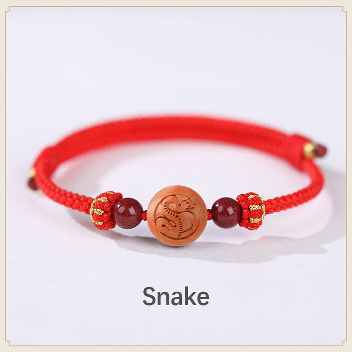 Braccialetto della ricchezza in cinabro intagliato con carattere dello zodiaco cinese Fu in legno di pesca naturale Buddha Stones - Serpente rosso (circonferenza del polso 14-18 cm) - image 5