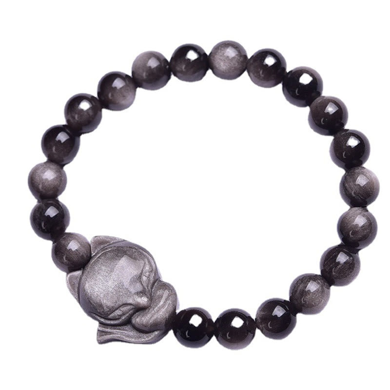 Braccialetto di protezione in ossidiana naturale con Buddha Stones argento lucido