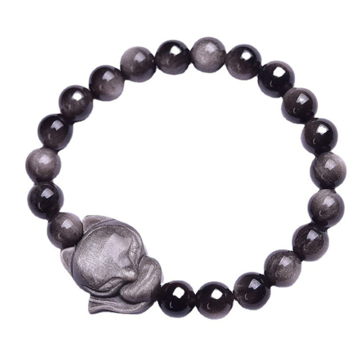 Braccialetto di protezione in ossidiana naturale con Buddha Stones argento lucido