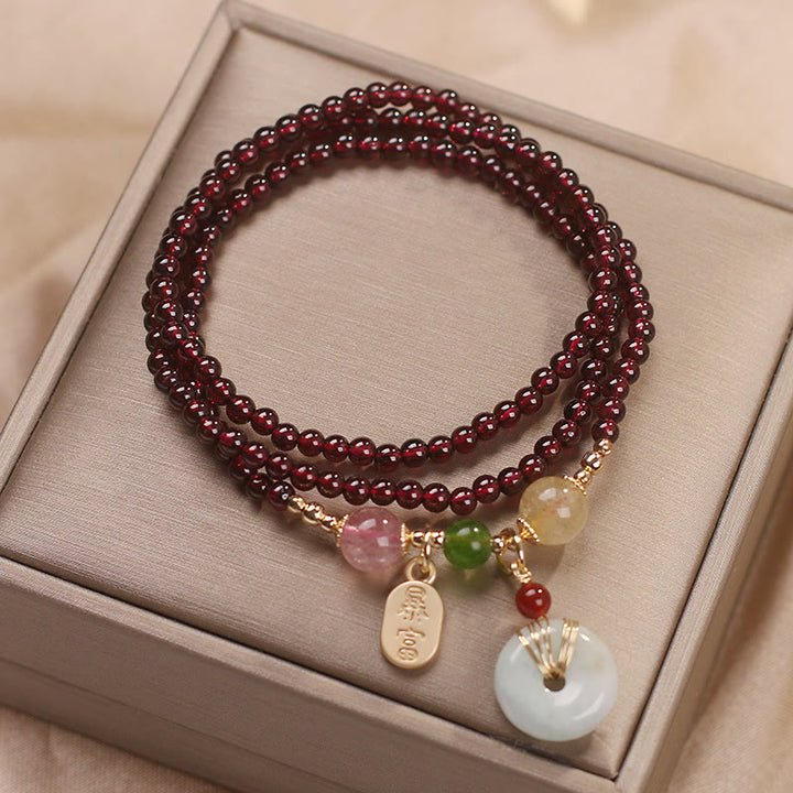 Buddha Stones Granato naturale Cristallo di quarzo fragola Volpe Koi Pesce Pace Fibbia Fortuna Protezione Braccialetto a triplo giro