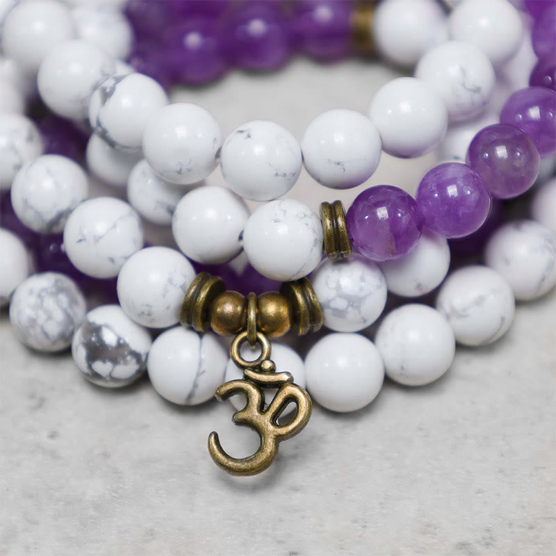 Buddha Stones 108 Mala Beads Ametista Bianco Turchese OM Braccialetto energetico per meditazione curativa - image 2