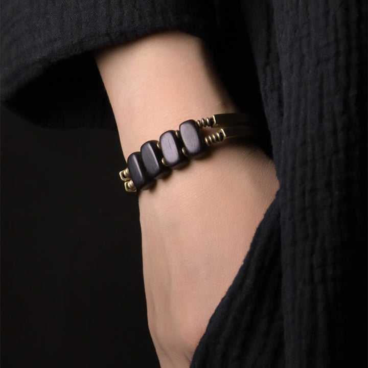 Bracciale a doppio strato in ottone e rame con Buddha Stones in legno di ebano tibetano - image 4