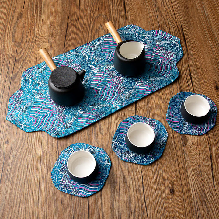 Buddha Stones Sea Wave Bamboo Plum Blossom Broccato Ricamo Sottobicchiere per tazza da tè Kung Fu Tappetino da tè