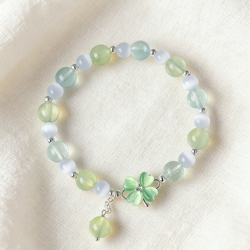 Buddha Stones Braccialetto portafortuna con quadrifoglio e simbolo dell'amore in prehnite, quarzo rosa, calcedonio blu. - image 1