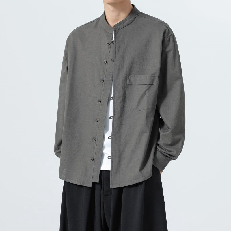 Buddha Stones Camicia da uomo a maniche lunghe, stile Tang minimalista autunnale, con colletto alla coreana e tasca applicata, tinta unita. - image 1
