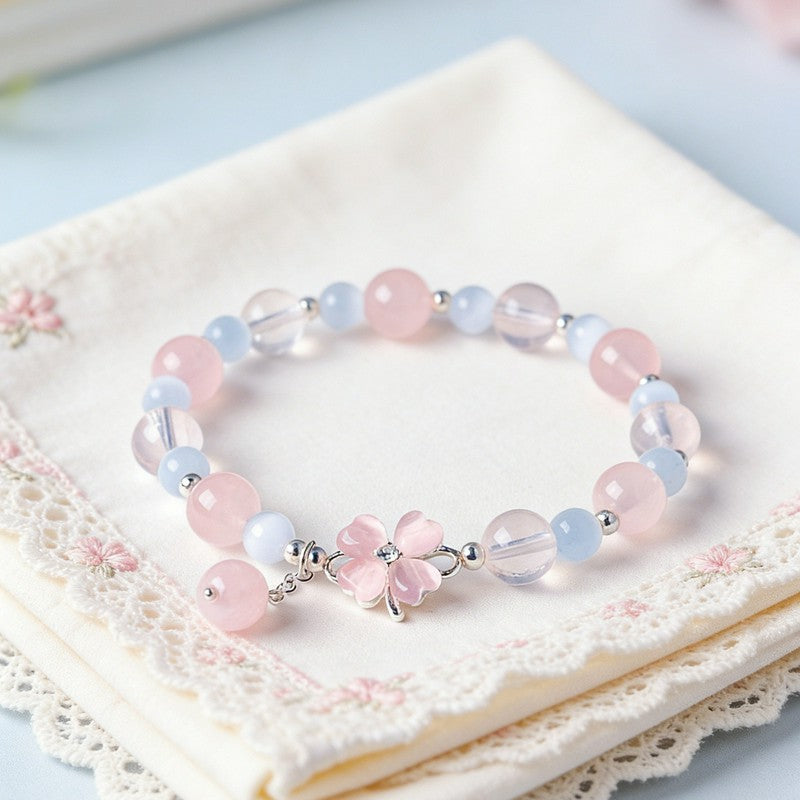 Buddha Stones Braccialetto portafortuna con quadrifoglio e simbolo dell'amore in prehnite, quarzo rosa, calcedonio blu. - image 12