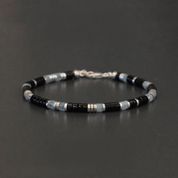 Buddha Stones Bracciale elastico protettivo con perline in onice nera e calcedonio blu - Calcedonio blu e onice nero (Circonferenza del polso: 16-18 cm) - image 0