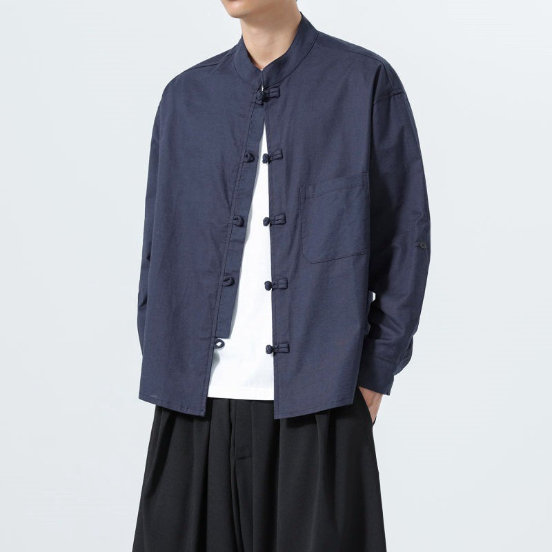 Buddha Stones Camicia da uomo a maniche lunghe, tinta unita, stile Tang, minimalista, con bottoni a rana, colletto alla coreana, tinta unita, con taschino, ideale per primavera/autunno. - image 1