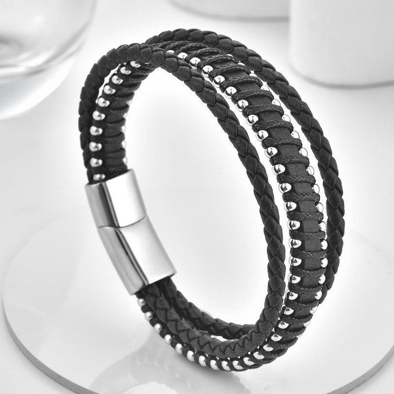 Buddha Stones Bracciale a doppio strato in pelle nera intrecciata, resistente e durevole. - image 1