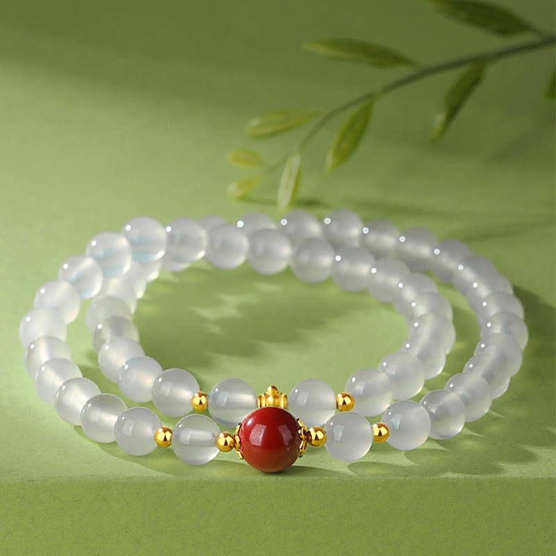 Braccialetto di protezione a doppio giro Buddha Stones in argento sterling 925 con agata bianca naturale e cinabro - Agata bianca e cinabro - image 0