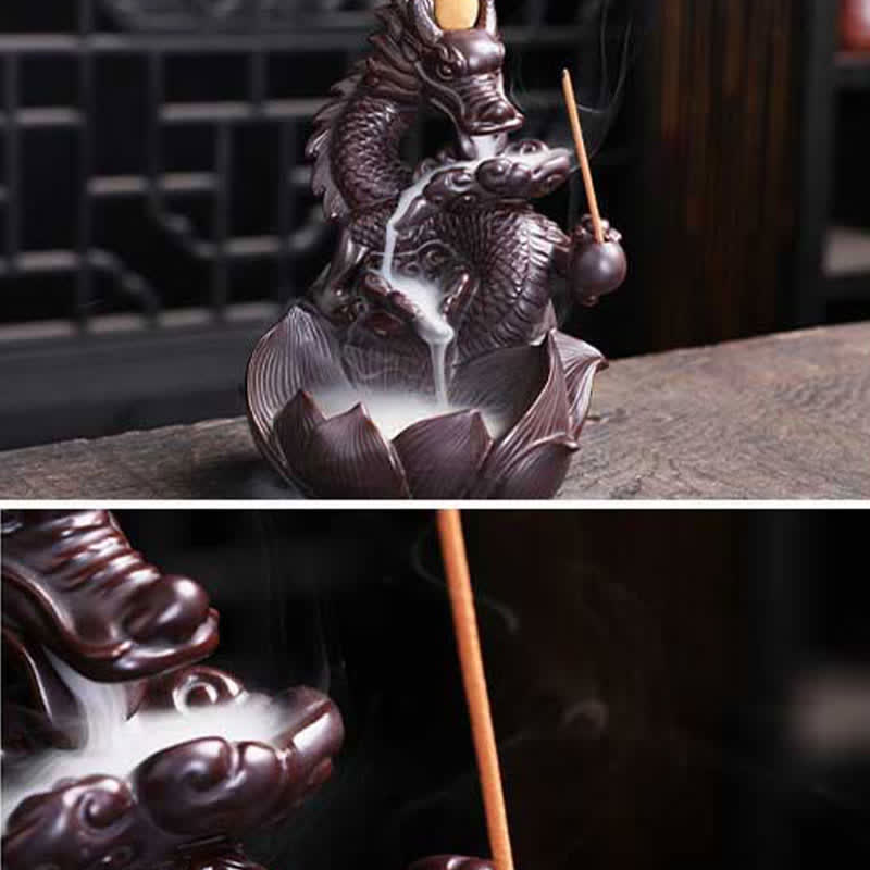 Bruciatore di incenso in ceramica con motivo a loto di drago, protezione e forza, decorazione
