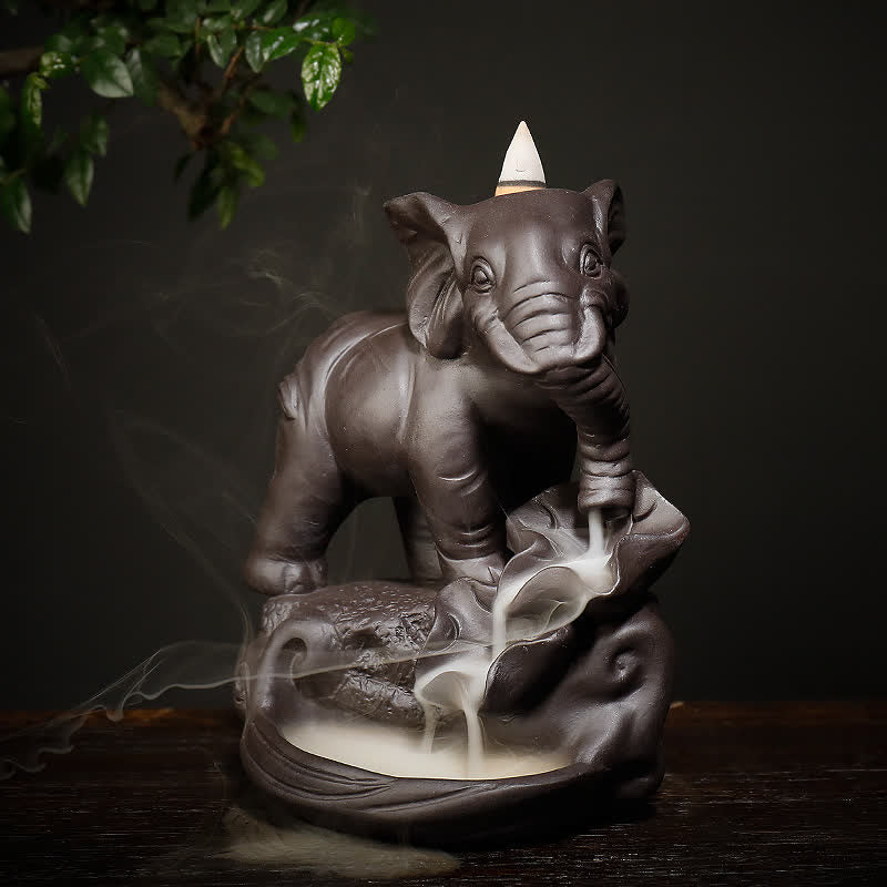 Decorazione bruciatore di incenso di guarigione della pace con fontana di fumo a riflusso in argilla viola elefante tibetano