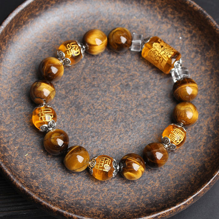 Braccialetto della fortuna e della prosperità con perline di occhio di tigre e Buddha Stones