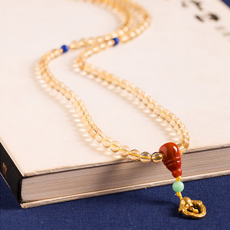 Braccialetto con ciondolo in argento sterling 925, 108 perline Mala, citrino naturale, agata rossa, ambra e piacere