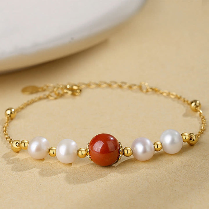 Bracciale a catena con perle curative in argento sterling 925 e cinabro Buddha Stones - Perla e Cinabro - image 0