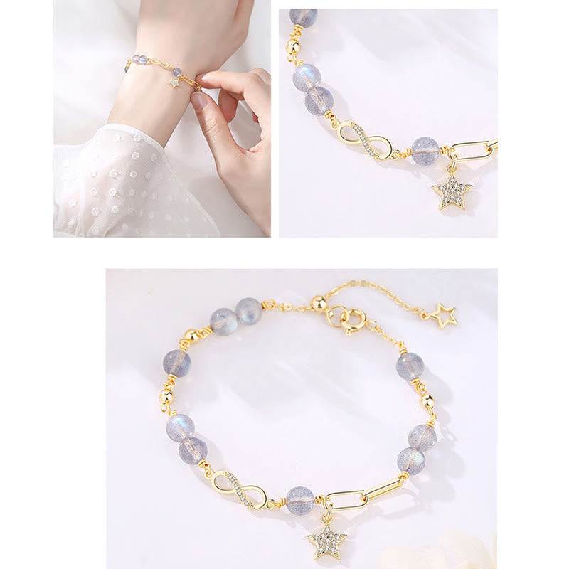 Buddha Stones 14K placcato oro naturale quarzo fragola pietra di luna Möbius Loop Eternal Love Star Bracciale positivo