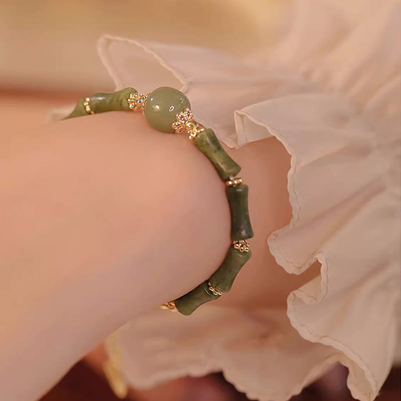 Braccialetto della fortuna con motivo di bambù in giada Hetian con peridoto placcato in rame 14K Buddha Stones