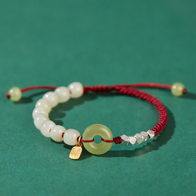 Braccialetto con ciondolo di fortuna e felicità con perline e fibbia della pace in giada Hetian in argento sterling 925 Buddha Stones - Rosso scuro - image 16